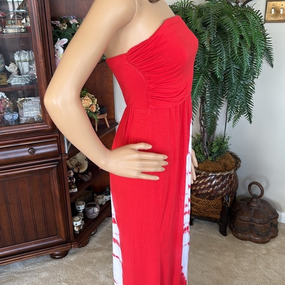 Sievergate Red & White Tie Dye Strapless Maxi Dress Rayon Stretch - Picture 12 of 16